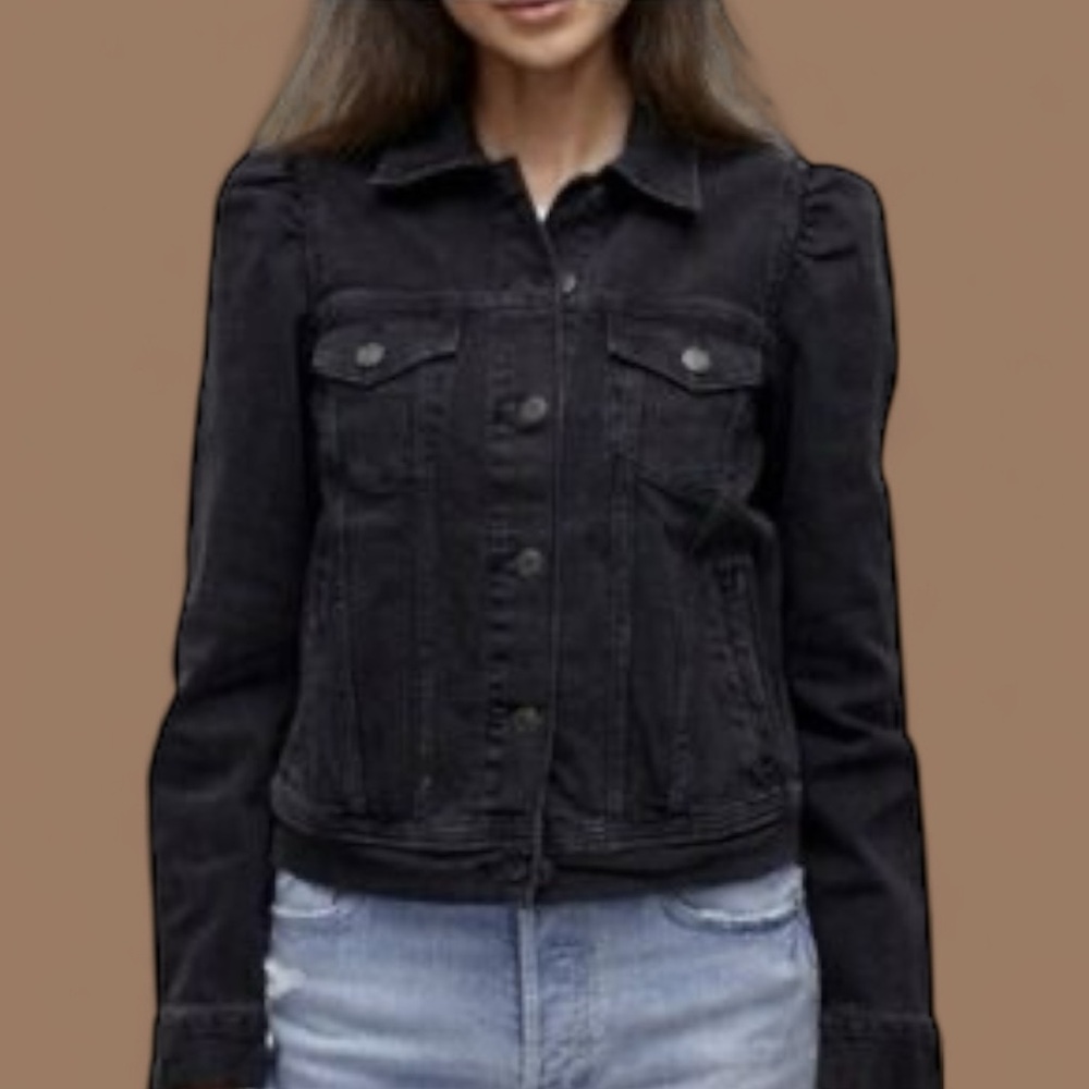 Gap Black Denim Puff Sleeve Jean Jacket Size Small NEW - Picture 7 of 7